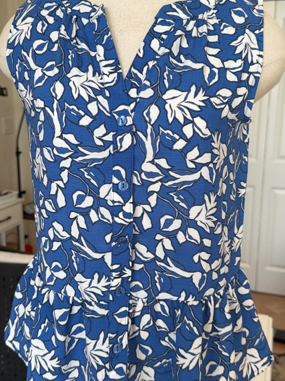 Blue Floral Button-Front Peplum Shirt